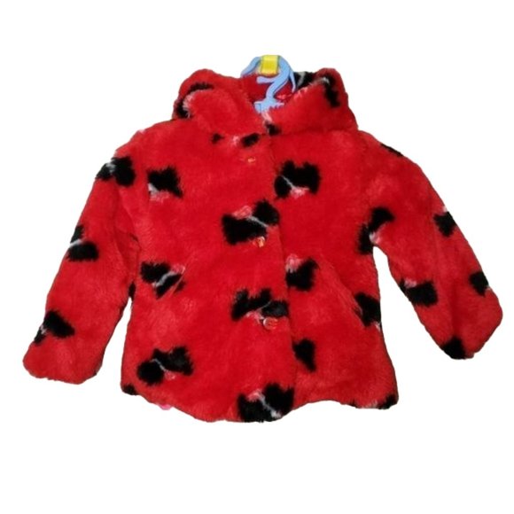 B T KIDS Other - B.T. KIDS RED WITH BLACK SPOTS FAUX FUR JACKET WITH SCOTTISH TERRIERS SIZE 3T